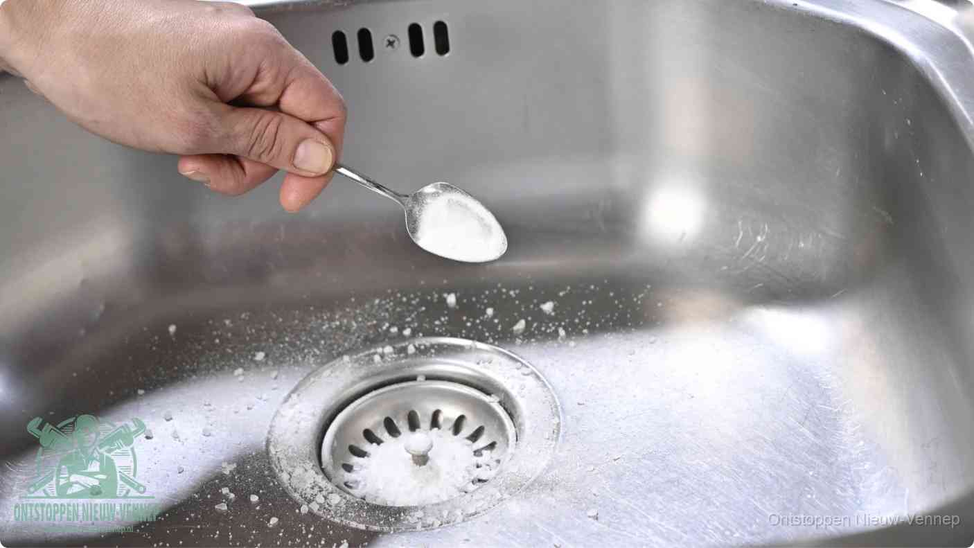 Een hand strooit met een lepel soda in de afvoer van een roestvrijstalen spoelbak, de soda en azijn huismiddel-methode om de afvoer te ontstoppen in Nieuw-Vennep