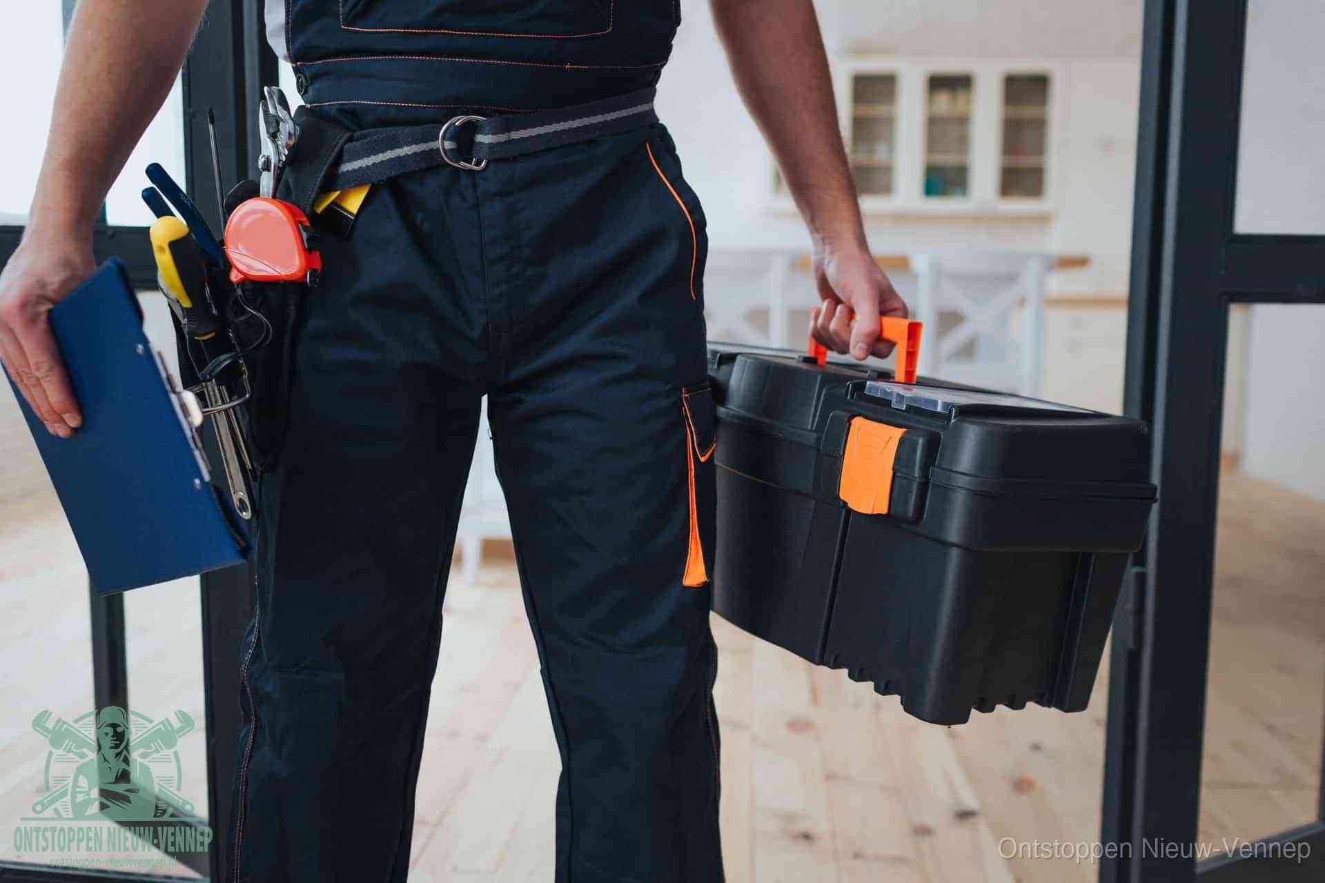 Een monteur met gereedschapsriem en klembord, klaar om een transparante prijs voor het afvoer ontstoppen in Nieuw-Vennep te geven