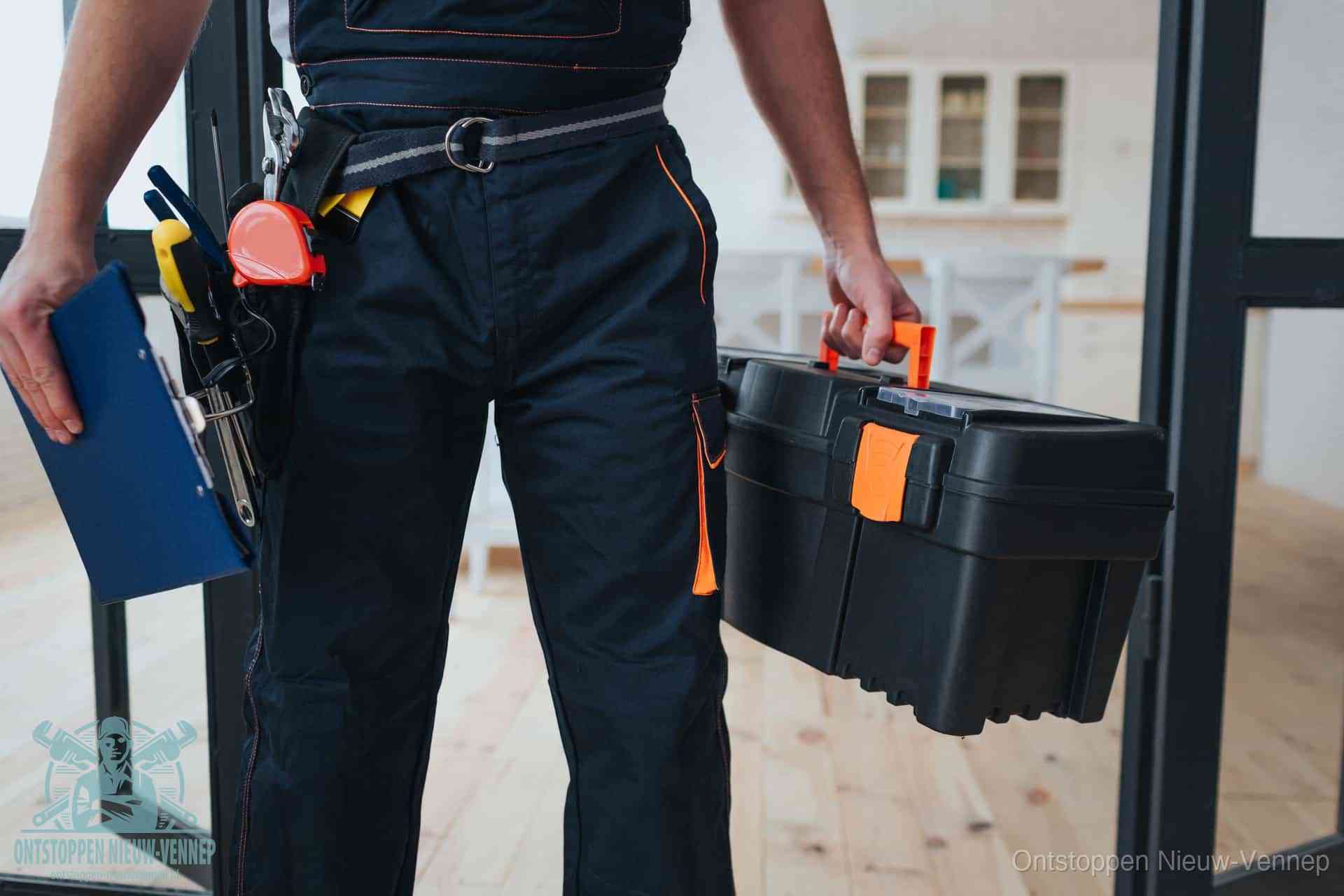 Een monteur met gereedschapsriem en klembord in een keuken, klaar om een transparante prijs voor het gootsteen ontstoppen in Nieuw-Vennep te geven