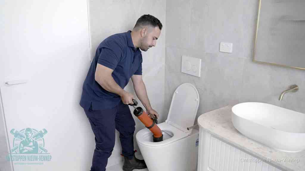 Een monteur gebruikt een handmatige perspomp (toiletontstopper) op een wandcloset tijdens het professioneel wc ontstoppen in Nieuw-Vennep