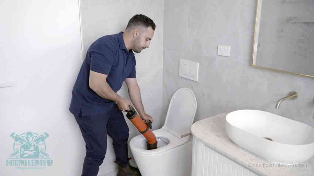 Een man gebruikt een handmatige luchtdruk-ontstopper in een modern betegeld toilet om zelf de wc te ontstoppen in Nieuw-Vennep